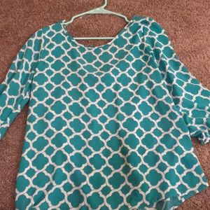 Turquoise patterned bow back blouse